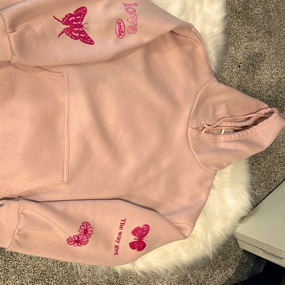 SHEIN hoodie, light pink with designs on the sleeves and back
